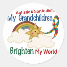 Autism BRIGHTEN MY WORLD 1 Grandchildren 2 Round Stickers