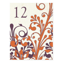 Autumn Purple Orange Floral Wedding Table Card Postcard