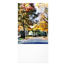 Autumn Street With Yellow House Picture Card