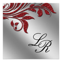 Autumn Wedding Invite Sparkle Leaf Red Silver