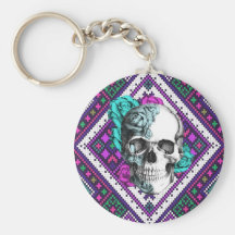 Aztec Rose skull on tribal pixel pattern. Key Chain