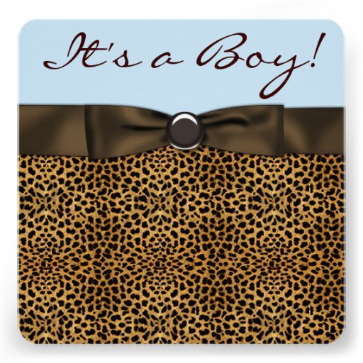 Baby Blue Brown Leopard Baby Boy Shower Custom Announcements
