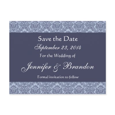 Baby Blue & Denim Damask Save The Date Postcard by JaclinArt