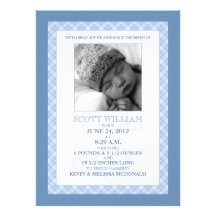 Baby Blue Gingham Dreams Photo Birth Announcements