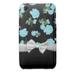 Baby Blue Roses and white bow on black iPhone 3 Cover