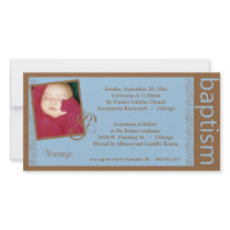 Baby Boy Blue And Brown Baptism Photo Invitation Custom Photo Card