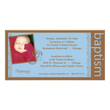 Baby Boy Blue And Brown Baptism Photo Invitation Custom Photo Card