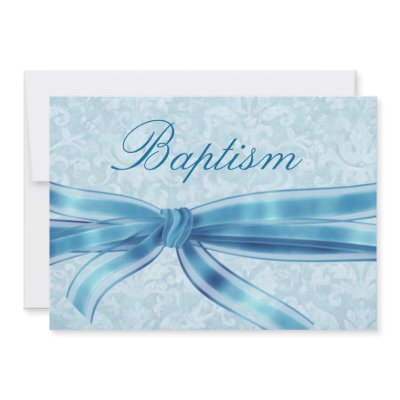 Baby Boy Christening Blue Damask Linen Paper Personalized Invitations by JaclinArt