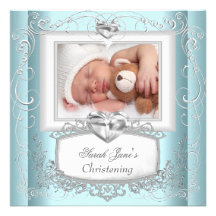 Baby Boy Girl Blue Christening Baptism Cross White Personalized Invites