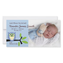 Baby Boy Owl Theme Birth Announcement Photo Card