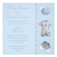 Baby Boy Shower Shoes, Clothes, Pearls & Hearts Personalized Announcements