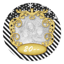Baby First Christmas Snowflake Stripe Black White Round Stickers