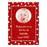 Baby Girl First Birthday Red Polka Dots Photo Custom Announcement