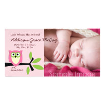 Baby Girl Owl Theme Birth Announcement Photo Card