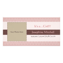 Baby Girl Photo Announcement Silver Peony Customized Photo Card