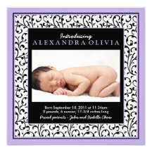 Baby Girl Photo Damask Floral Birth Announcement