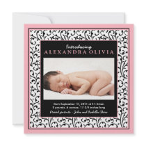 Baby Girl Photo Damask Floral Birth Announcement