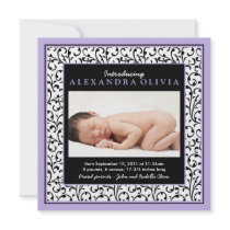 Baby Girl Photo Damask Floral Birth Announcement