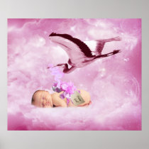 Baby girl pink clouds and stork bedroom poster