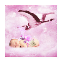 Baby girl pink clouds and stork stretched canvas print