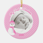 Baby Girl Pink Snowman First Christmas Photo Christmas Ornaments