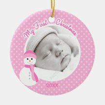 Baby Girl Pink Snowman First Christmas Photo Christmas Ornaments