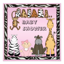 Baby Girl & Safari Animals Baby Shower Announcement