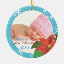 Baby Girl's First Christmas Teal Photo Ornaments