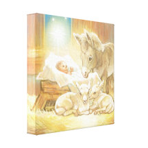 Baby Jesus Nativity with Lambs and Donkey Stretched Canvas Prints