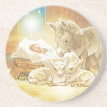 Baby Jesus Nativity with Lambs and Donkey Beverage Coasters