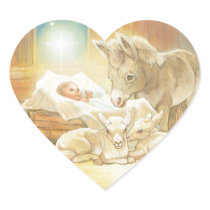 Baby Jesus Nativity with Lambs and Donkey Heart Sticker