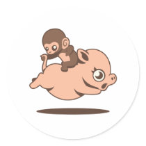 Baby Monkey (Going Backwards on a Pig) Round Stickers