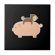 Baby Monkey Riding Backwards on a Pig Ceramic Tile