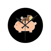 Baby Monkey Riding Backwards on a Pig Round Wall Clock