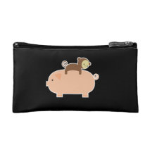 Baby Monkey Riding Backwards on a Pig Makeup Bag