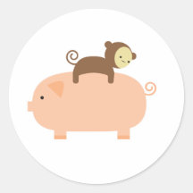 Baby Monkey Riding Backwards on a Pig Round Sticker
