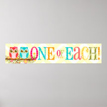 Baby Owls - One of Each! Twins Shower Banner Print