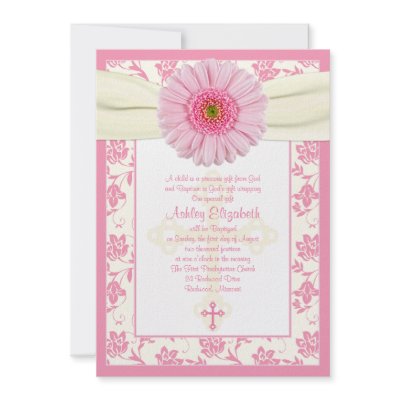 Baby Pink Gerbera Ivory Baptism Invitation by wasootch