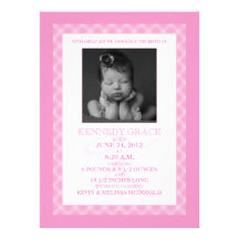 Baby Pink Gingham Dreams Photo Birth Announcements