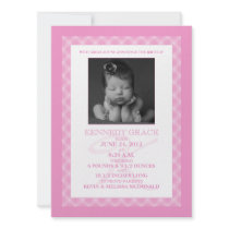 Baby Pink Gingham Dreams Photo Birth Announcements