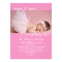 Baby Pink Sugar & Spice Photo Birth Announcements