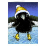 Baby raven ice skating greeting card