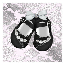 Baby Shoes Pink Black Damask Baby Girl Invitations
