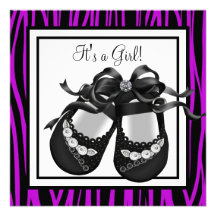 Baby Shoes Purple Zebra Baby Girl Shower Personalized Announcements