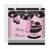 Baby Shower Baby Girl Pink Black Pearl Lace Custom Invite
