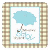Baby Shower Blue Umbrella & Brown Gingham Square Sticker