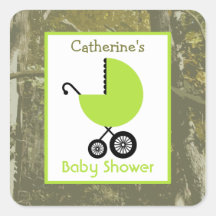 Baby Shower Green Carriage & Camouflage Square Sticker