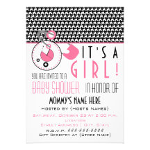 Baby Shower Invite - Pink Diaper Pin & Houndstooth