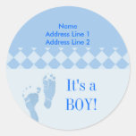 Baby shower rond de pieds de bébé bleu d'étiquette adhésif rond