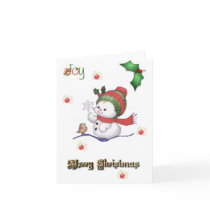 baby snowman talking to a baby bird christmas card